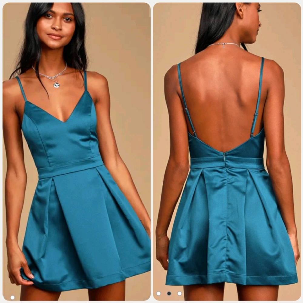 Lulu's Truely Loved Teal Blue Satin Pleated Dress